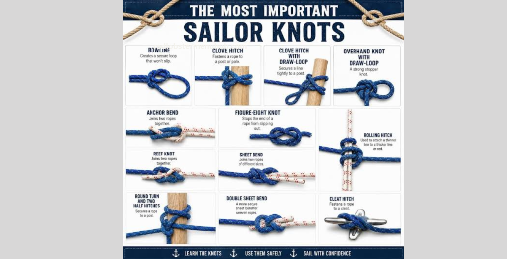 Boating rope knots inspected for safety and proper condition