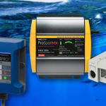 Boat battery charger connected to a marine battery