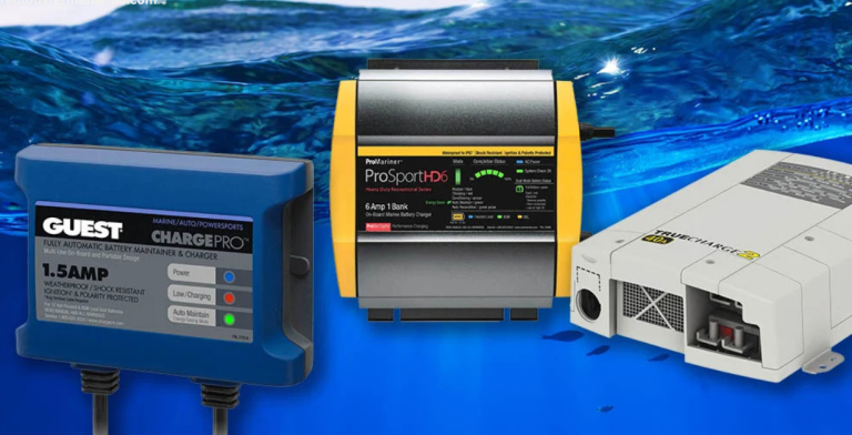 Boat battery charger connected to a marine battery